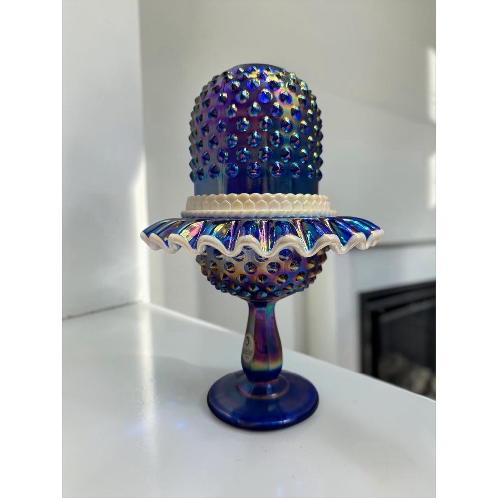 Fenton Blue Carnival Glass Hobnail Snow Crest 3 Piece Pedestal Fairy Lamp-9"
